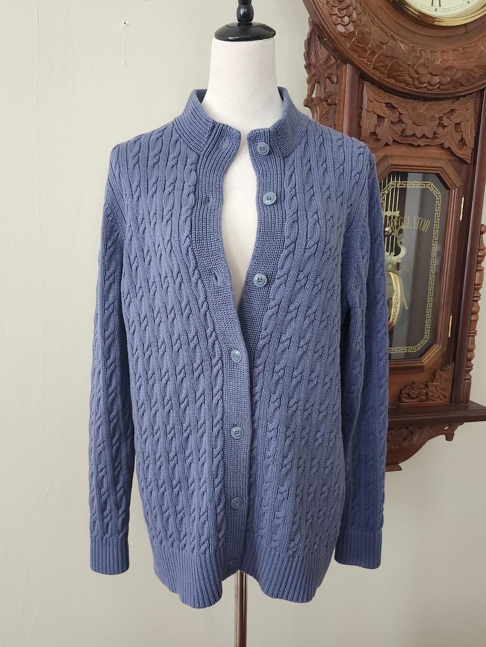 LL Bean Cable Knit Button-Up Sweater Cardigan Blue, L